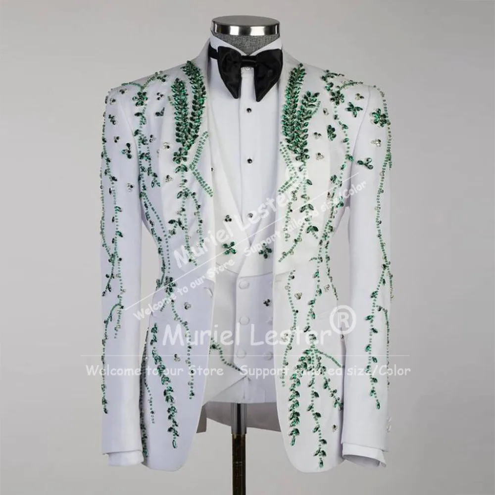 

Exquisite Suits Men For Wedding Green Jewelry Stones Jacket Vest Pants 3 Pieces Set Groom Tuxedos Customized Man Party Attire