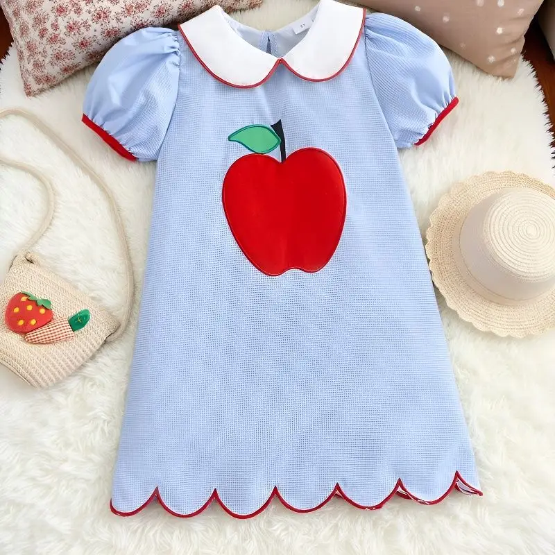 Kids Girls Apple Print Dress 2025 New Arrival Children Casual Dresses Princess Peter Pan Collar Puff Sleeve Dress European Style