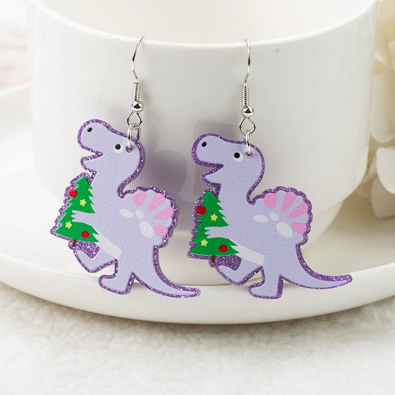 1Pair Christmas Dinosaur Woman Dangle Earrings Cartoon Animal Tyrannosaurus Rex Acrylic Drop Earrings for Girl Birthday Gift