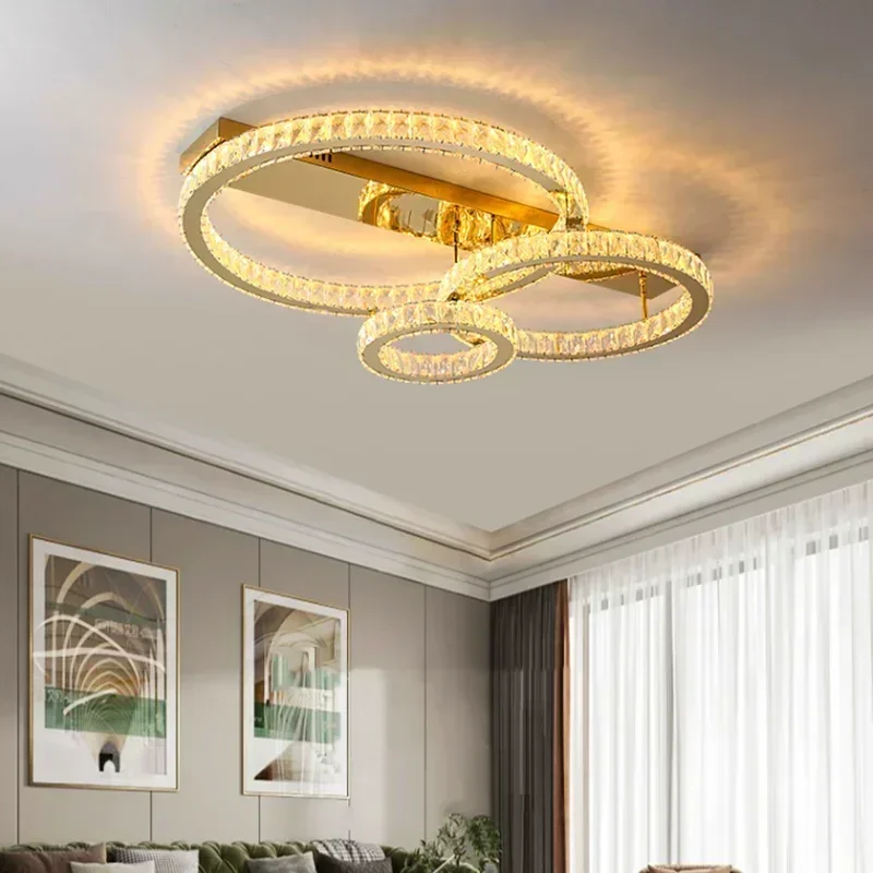 

2025 New Crystal Ceiling Light Nordic Modern Living Room Bedroom Light Golden Circle Wire Cutting Luxury Design Ceiling Light