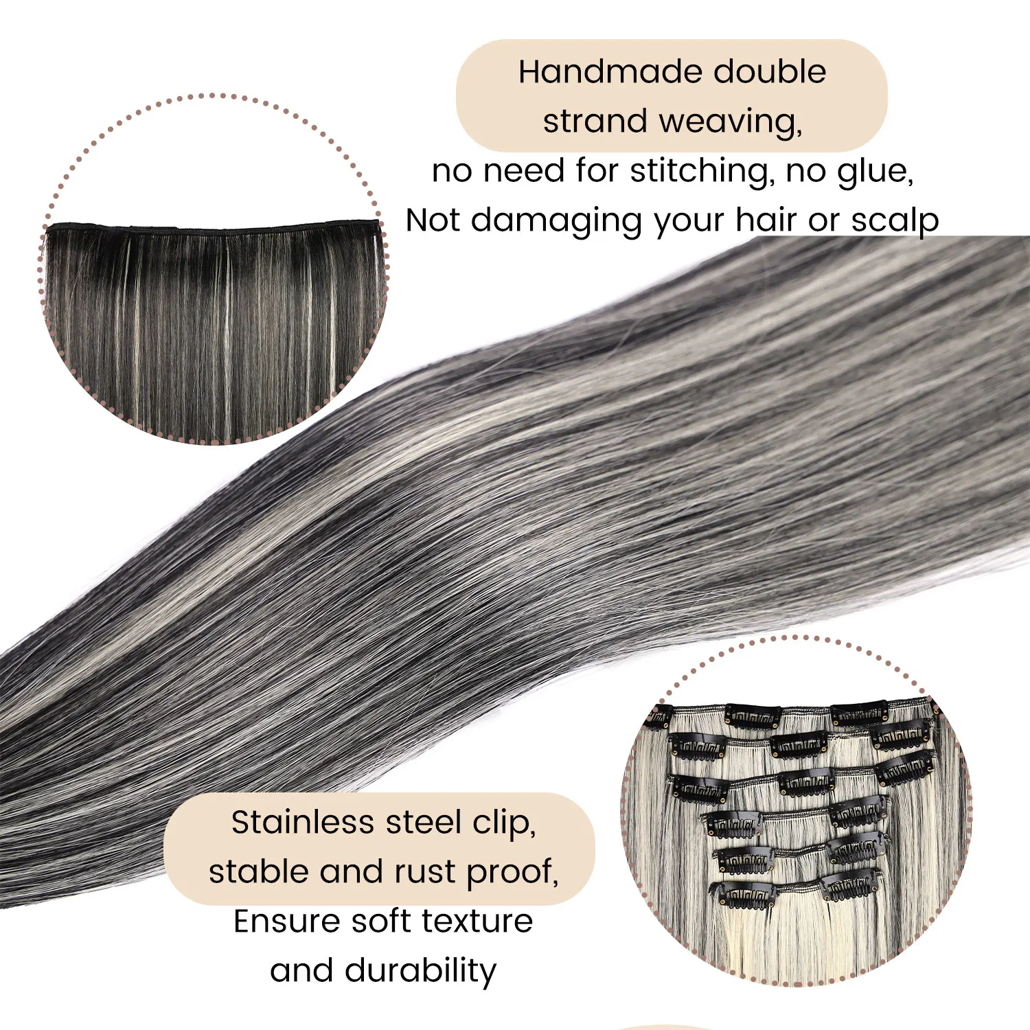 وصلات شعر صناعية بمشبك في مجموعة 6 قطع من الشعر المستقيم بطول 22 بوصة، قطع شعر سميكة للنساء والفتيات والحفلات اليومية