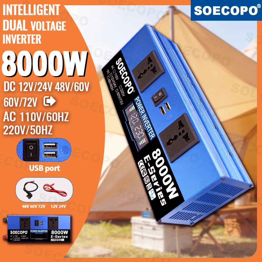 Intelligent Dual Voltage Inverter 7000W-10000W DC 12/24V 48/60V 60/72V to AC 220V 50Hz Car Power Converter for Outdoor Camping