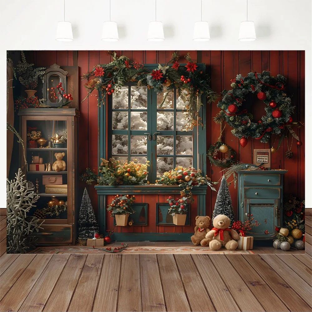 Mocsicka Background for Christmas Photography Red Wooden Wall Toy Bear Window Backdrop Decor Kids Newborn Winter Photo Studio