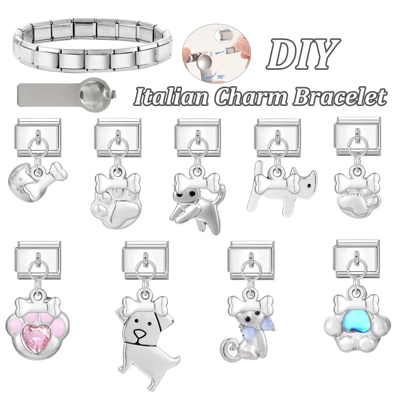 Y2K Zircon Bright Star Moon Bows Cute Dog Plane Spider Italian Links Charm Fit 9mm Stainless Steel Bracelet Jewelry DIY Making