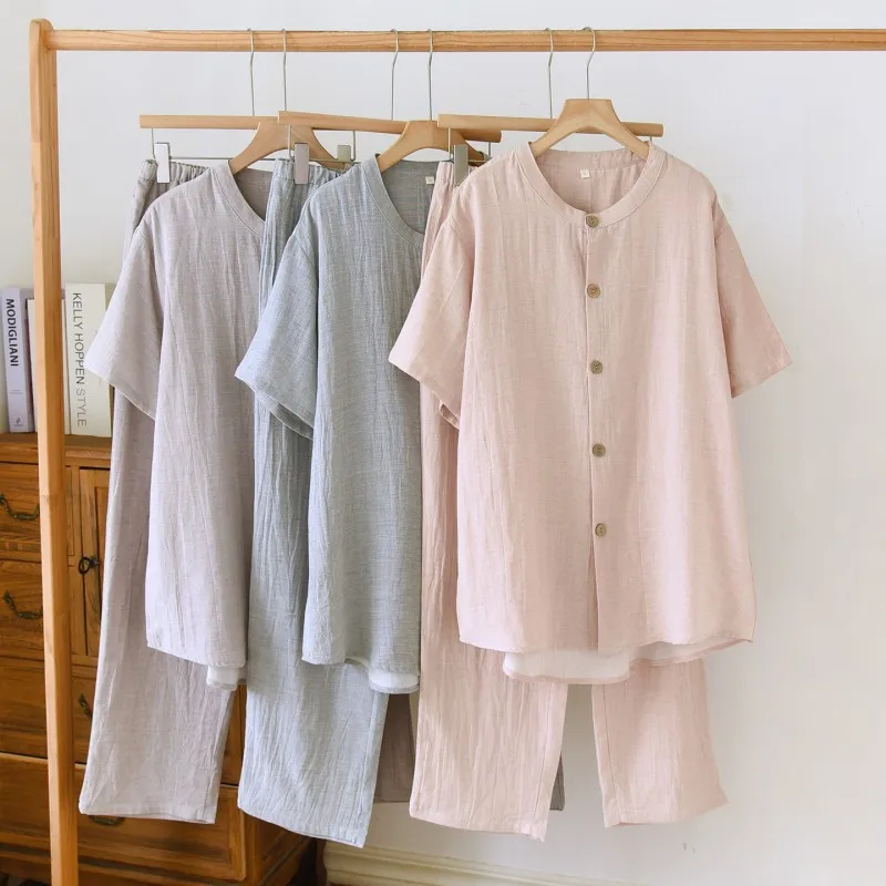 

Men's Spring and Summer Linen Cotton Pajamas Two-piece Clothes Sets Thin Large Size Loose Sports Home Wear Suit Sleepwear