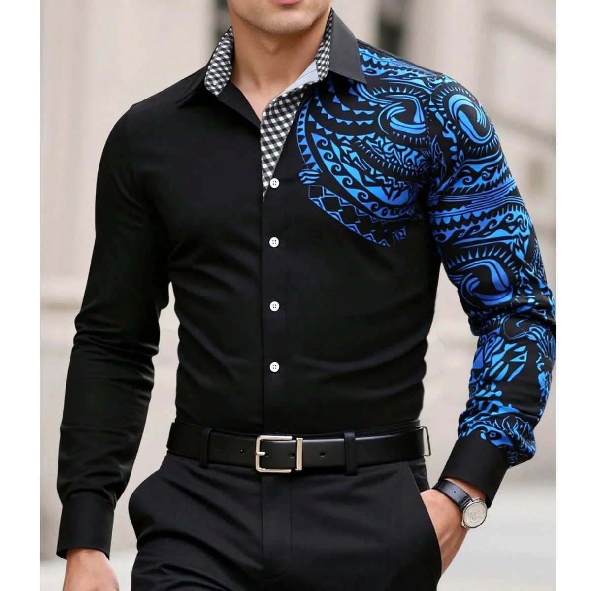 أزياء الرجال الرجعية نمط واحدة الصدر قميص 3D طباعة البوليستر أعلى الخريف عارضة تنفس قمصان طويلة الأكمام رجل الملابس