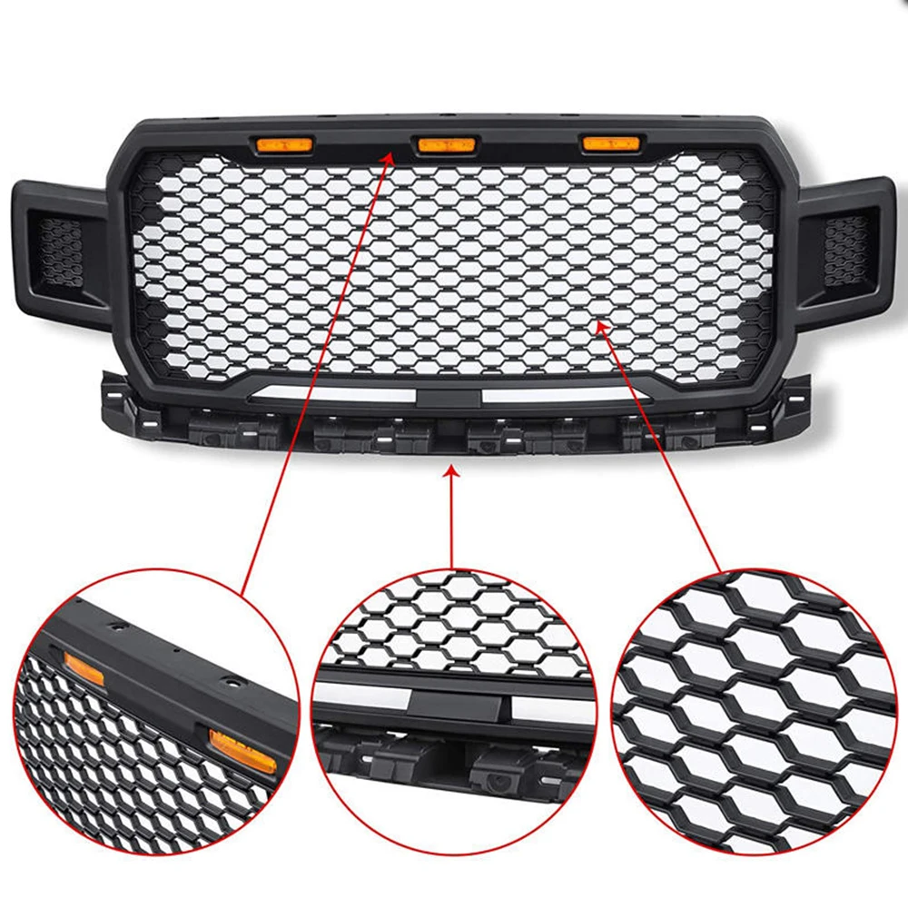 لفورد F150 2018 ~ 2020 رابتور ستايل قطع غيار السيارات مصبغة ماتي الأسود شواء ABS المصد الأمامي شبكات العلوي مع مصباح ليد