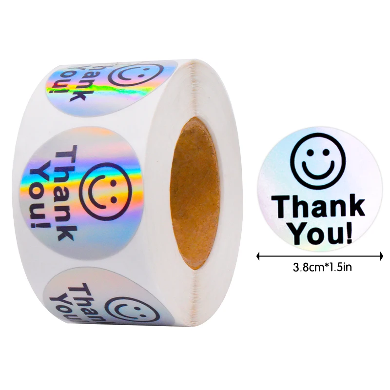 500 Sheets Per Roll 1.5inch Thank You Holographic Laser Film Emoticon Stickers Round Outer Packaging Decoration Universal Emoticon Stickers Reward Stickers Gift Decoration Reward Emoticon Stickers Suitable for Home School Decoration Commercial Use - view 2
