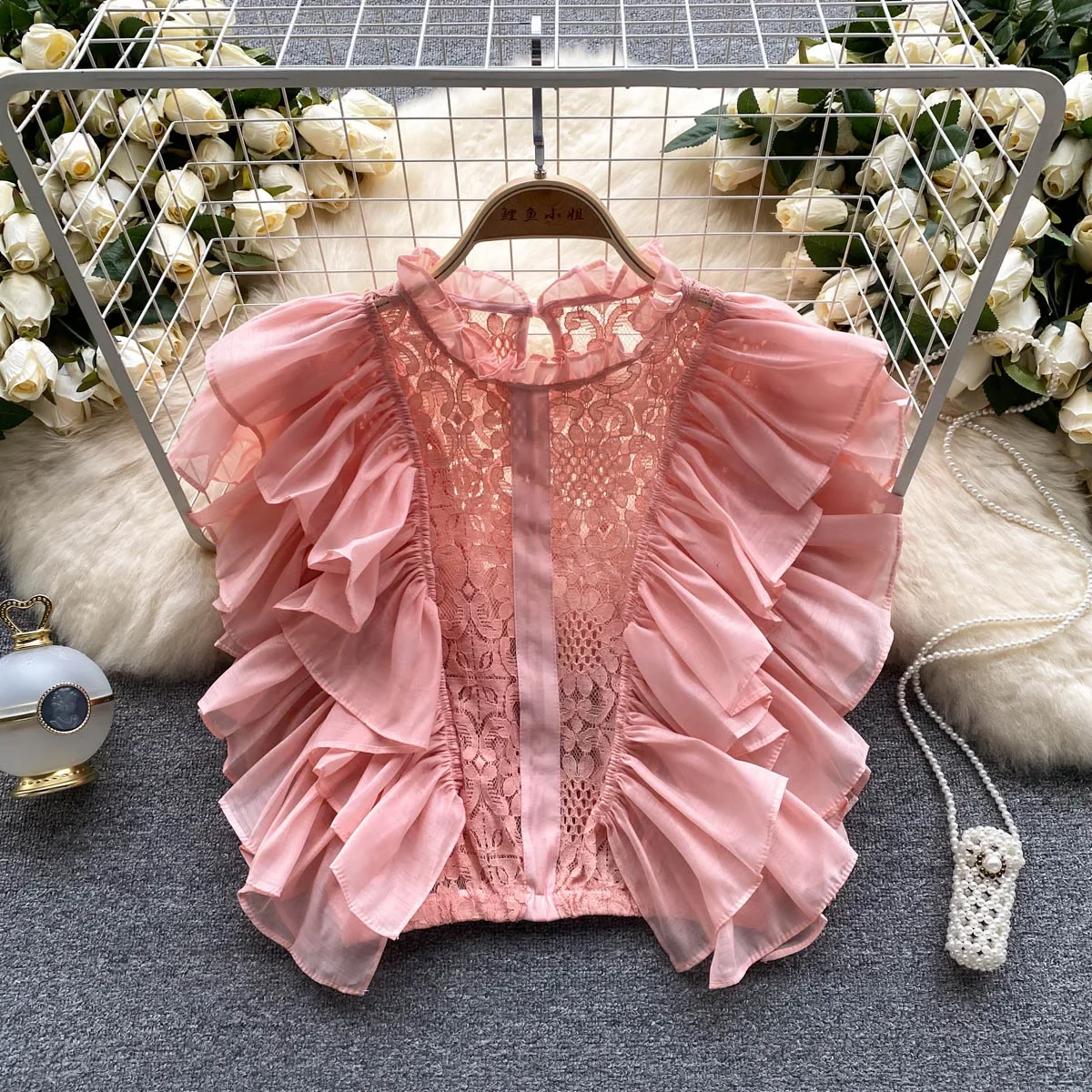 빈티지 엘레강스 레이스 페탈 슬리브 블라우스 프렌치 홀 아웃 훅 플라워 셔츠 캐주얼 시크 탑 페어리 여름 여성 의류 2025