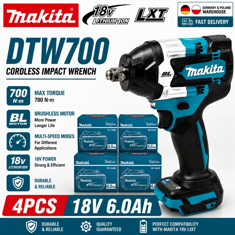 Original Makita DTW700 18V Bürstenloser Akku-Schlagschrauber 700Nm Hochdrehmoment Elektrischer Schlagschrauber 1/2 Zoll Antrieb Auto-Stop Variable Geschwindigkeit Kompatibel mit Makita LXT BL1860B