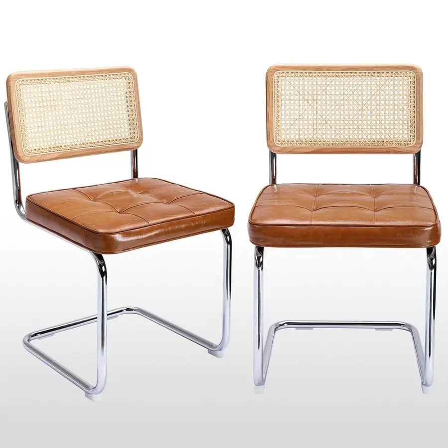 Natuurlijke rotan eetkamerstoelen set van 2, moderne eetkamerstoelen met massief houten rugleuning voor keukenwoonkamer, Mid Century Breue