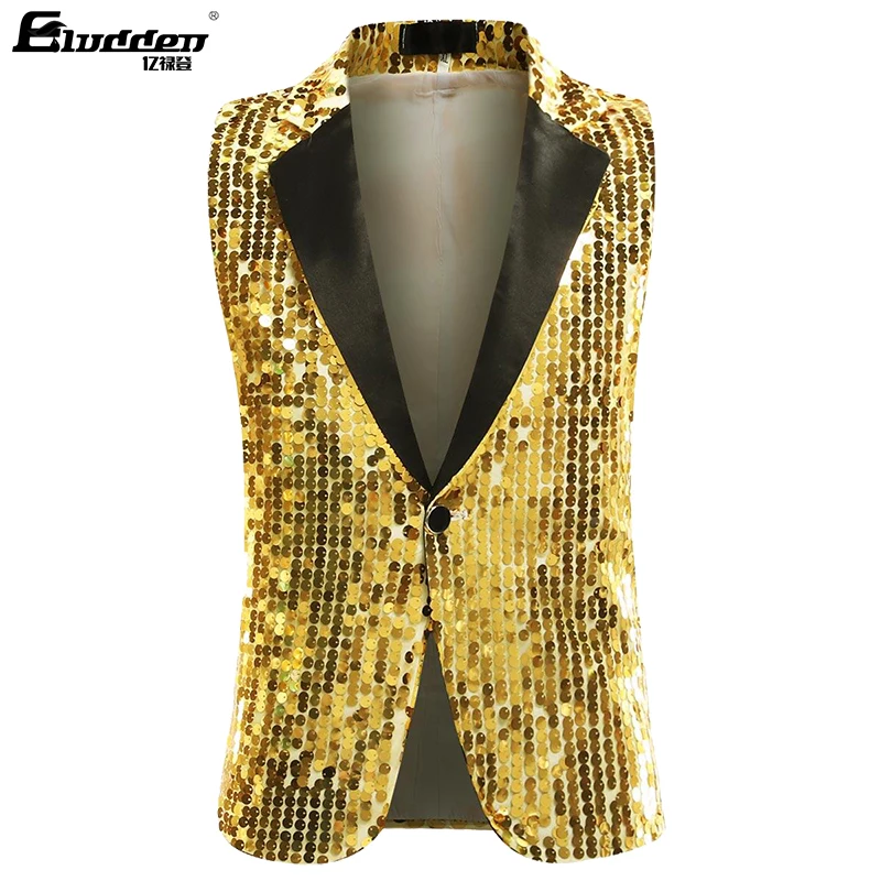 Vestido masculino terno jaqueta colete, Flat Circle Sequins Tx Party Show colete, Notch Lapel Circular Sequins colete