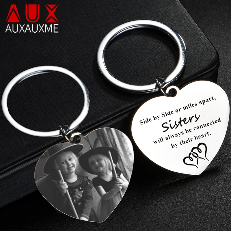 

Auxauxme Personalized Custom Photo Names Heart Keychain Stainless Steel Laser Engrave Picture Keyring Halloween Jewelry Gift