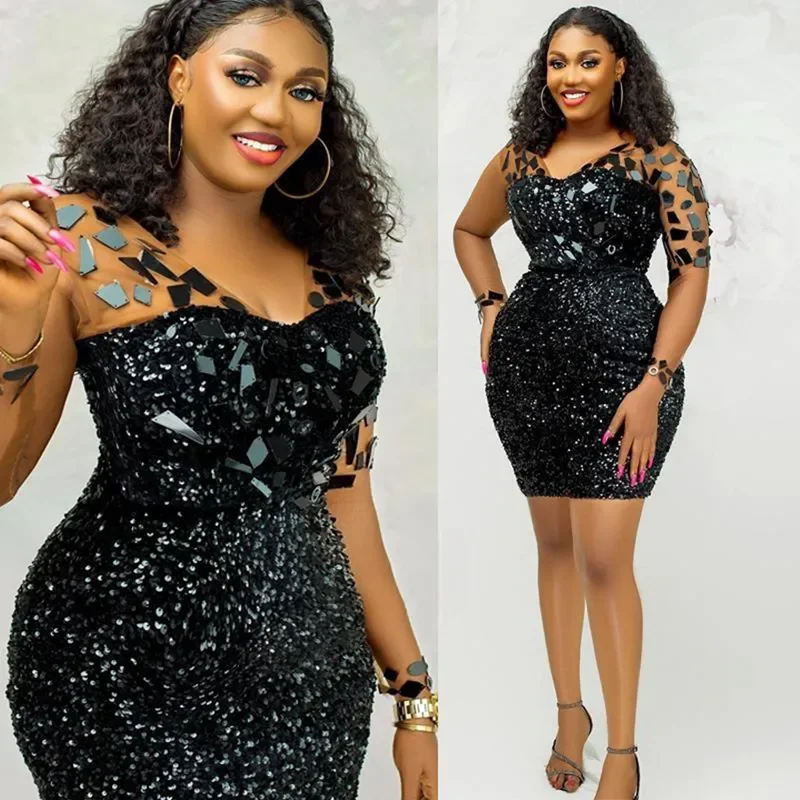 

Customized 2026 New Mini Short Shining Glitter Black Luxury Tight Ball Dress V-Neck Sexy Cocktail Cocktail Party Formal Dress