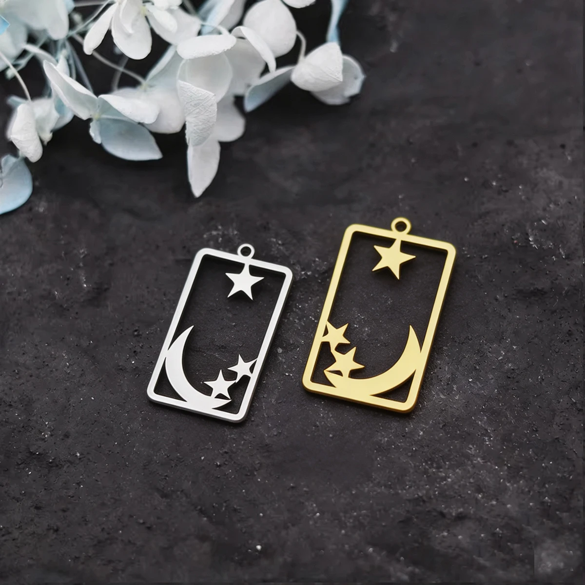 3pcs Moon Star Charms Stainless Steel Rectangle Frame Celestial Pendant for DIY Jewelry Making Necklace Earrings Accessories