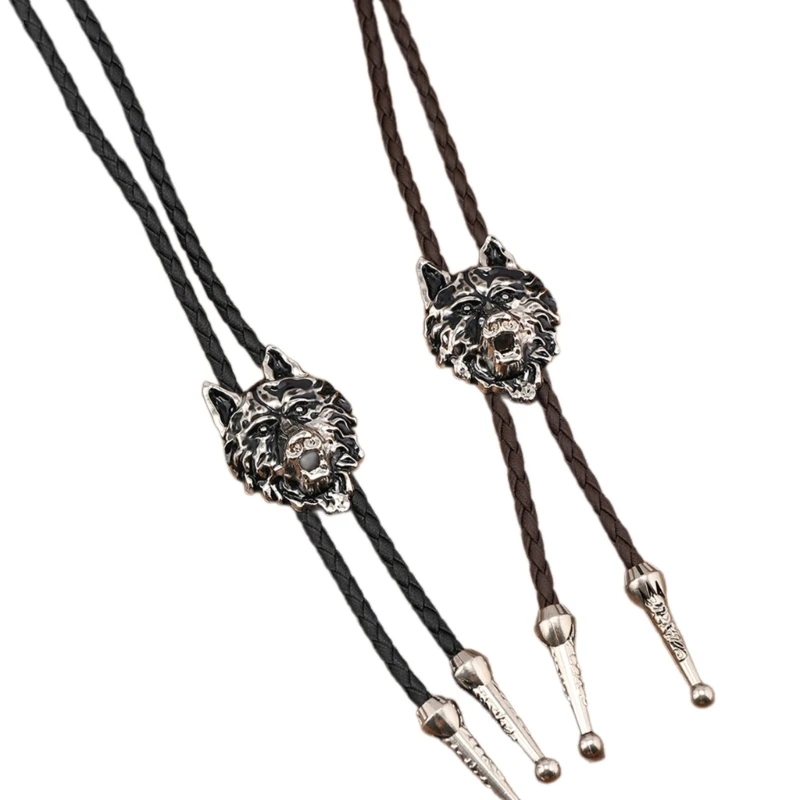 Vintage Bolo Tie Necktie Artificial Leather Braided Rope Necklace with Metal Wolf Head Pendant Jewelry Cowboy Drop Shipping