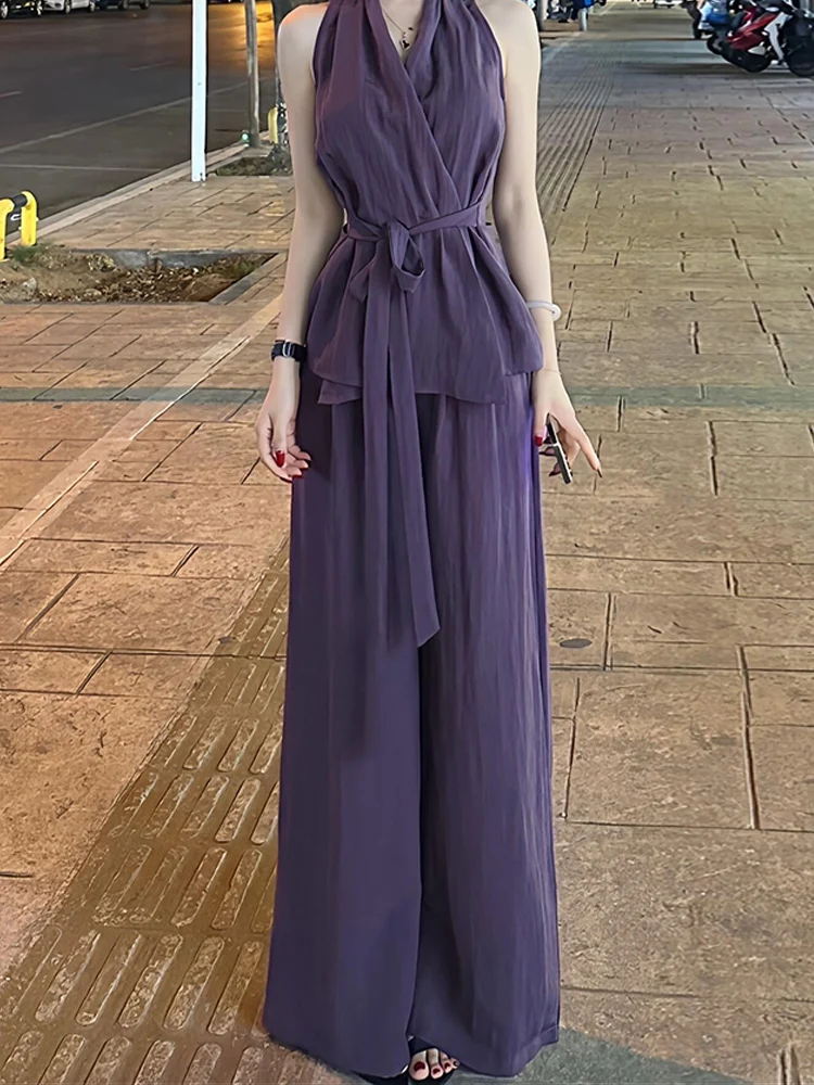 

Fashionable Summer Outfit Women's Sleeveless V-Neck Top And Wide Leg Pants Two-Piece Set Purple Hanging Neck High-End Feel
