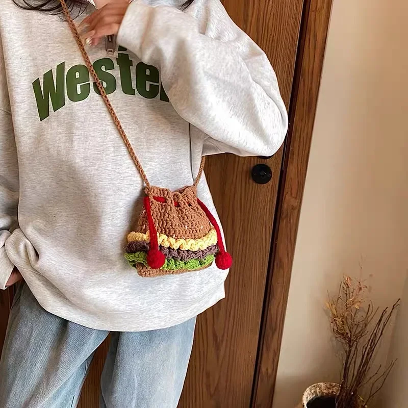 Autumn and Winter Mini Bag Lady 2023 New Weird Burger Knit Bag One Shoulder Bucket Across the Arm