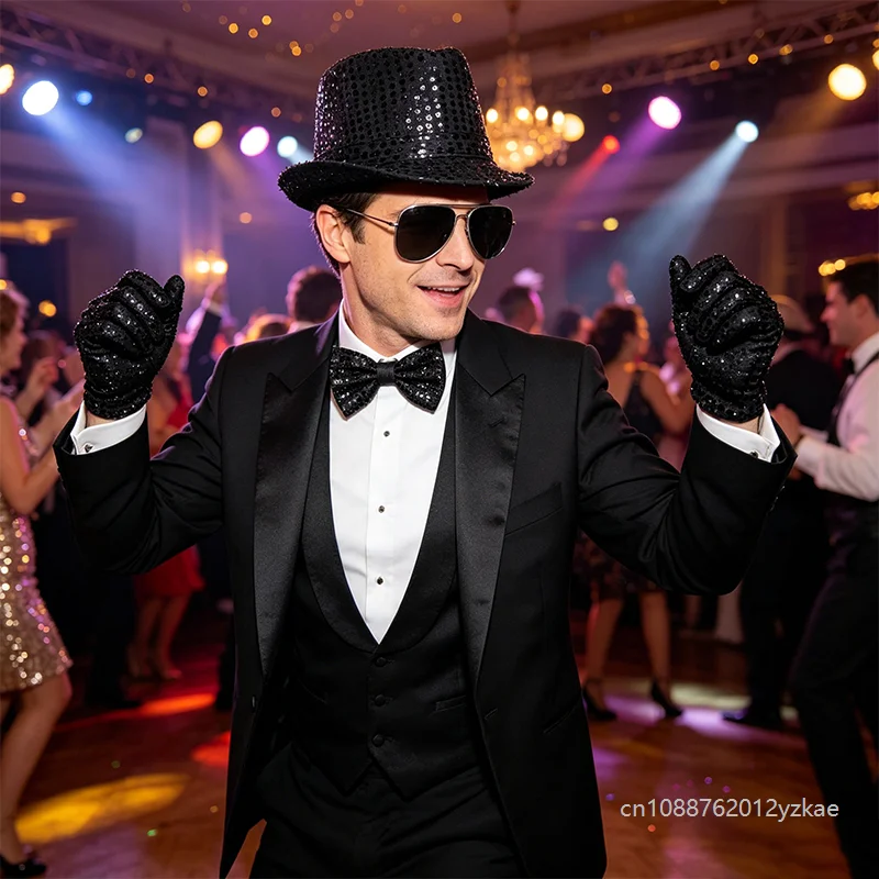 Men 70s Disco Costume Set Sequin Hat Sunglasses Bow Tie Necktie Gloves Halloween Party Cosplay Stage Performance Accessories 2