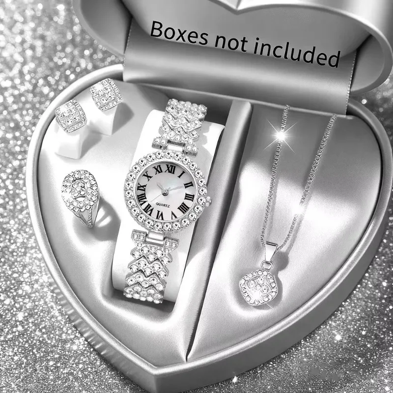 5PCS Luxury Rhinestone Women's Watch Jewelry Set Roman Quartz Wristwatch with Necklace Earrings Ring Reloj Mujer（Without Box） - view 3