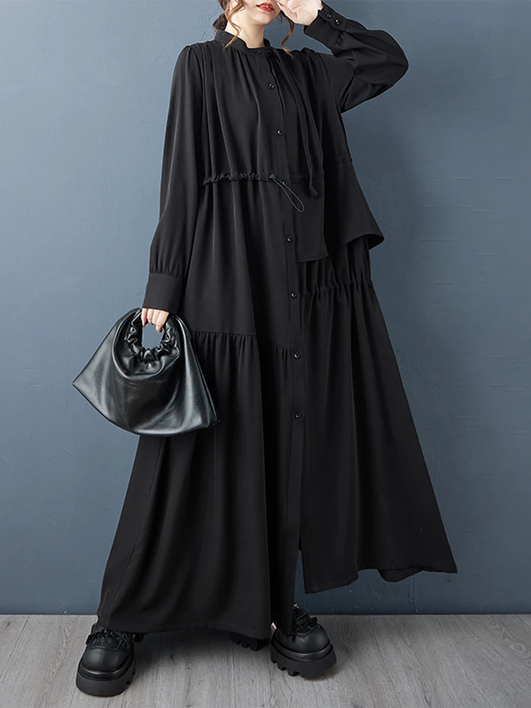 NYFS Lockeres, schwarzes Vintage-Hemdkleid in Übergröße, Herbst 2022, langärmelig, unregelmäßige Damenrobe