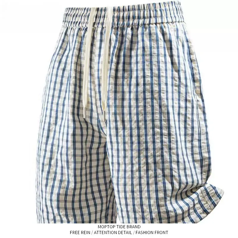 

Summer Men's Elastic Waist Shorts Loose Casual Striped Pattern Japanese Style Teenage Boys Loose Fit Comfortable Bubble Strip...