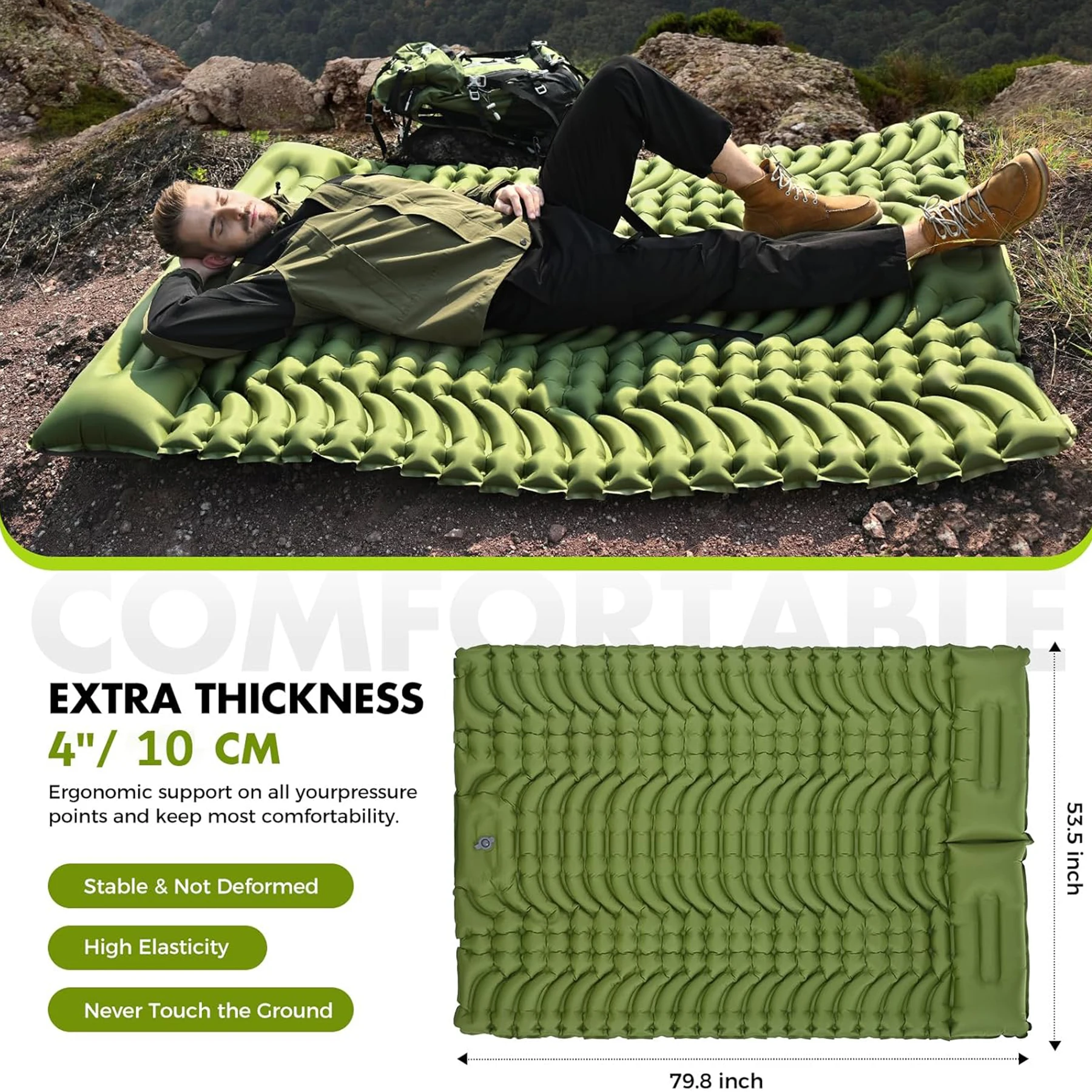  Camping Sleeping Pad,Double Sleeping Pad for 2 Person with Pillow Built-in Foot Pump Inflatable Sleeping Mat for Tent