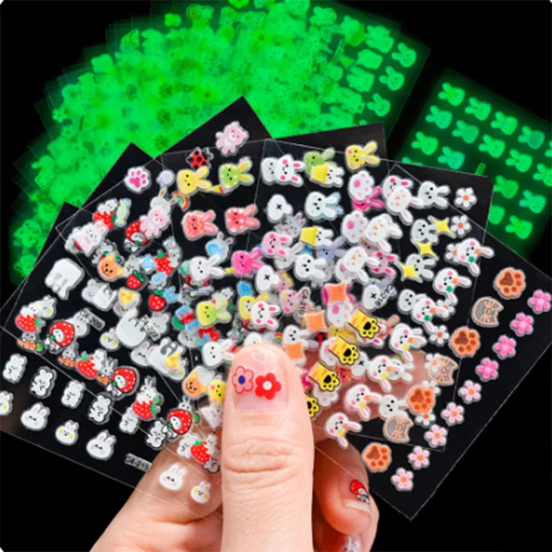 30Pcs Luminous Nail Art Sticker Glow In The Dark Colorful Rabbit Children Decals 3D  DIY Nails Accessorie
