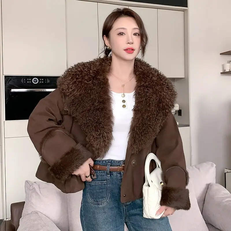 Jaket bulu angsa wanita baru 90% bulu bebek plus bulu kelinci, kerah wol, mantel pendek Haining