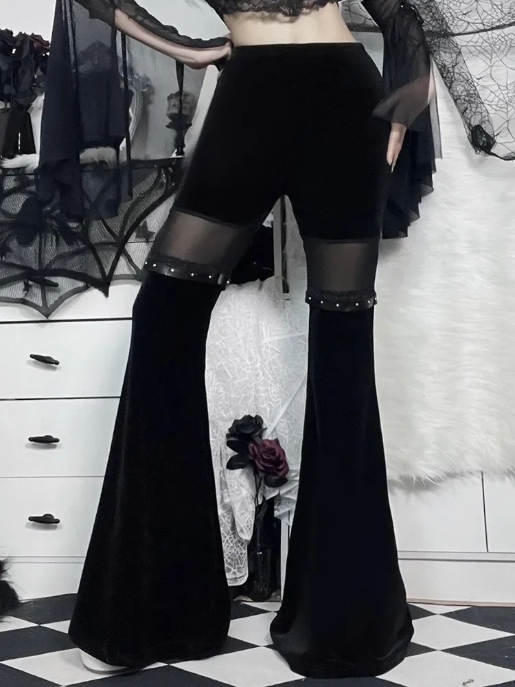 Y2K Velvet Pants Gothic See Through Winter Mesh Patchwork Grunge Streetwear Vintage Black E Girl Leg Belted Flared Pants