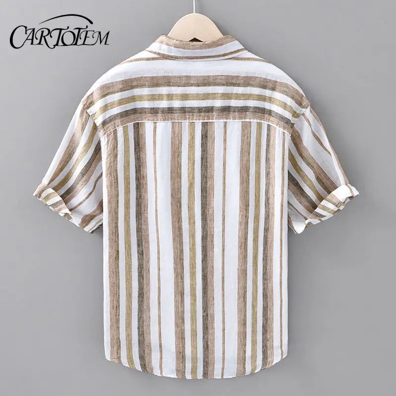 

Летняя мужская полосатая рубашка из чистого льна с короткими рукавами и цветными блоками, универсальная повседневная легкая дышащая льняная рубашка в стиле ретро