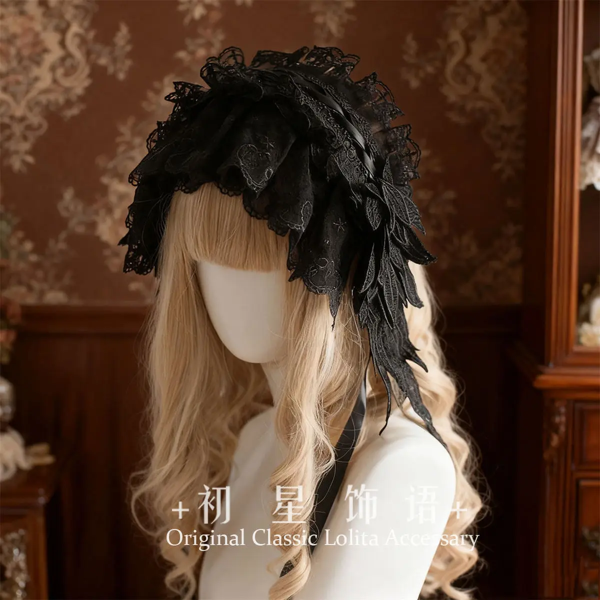 

Повязка на голову в стиле готика: черно-белая, с кружевом и крыльями ангела, для девочек, в стиле Лолита, аксессуар для волос