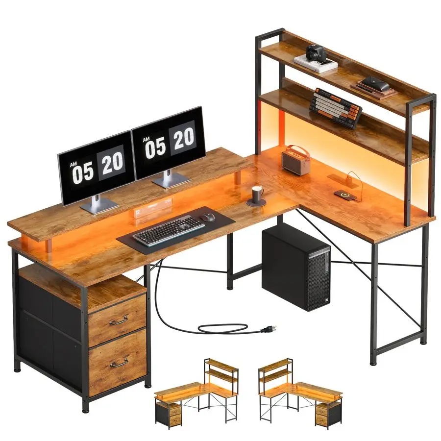 

Фигурный стол с полками, двусторонний компьютерный стол со светодиодной подсветкой и зарядной станцией, угловой стол для домашнего офиса с монитором Stan