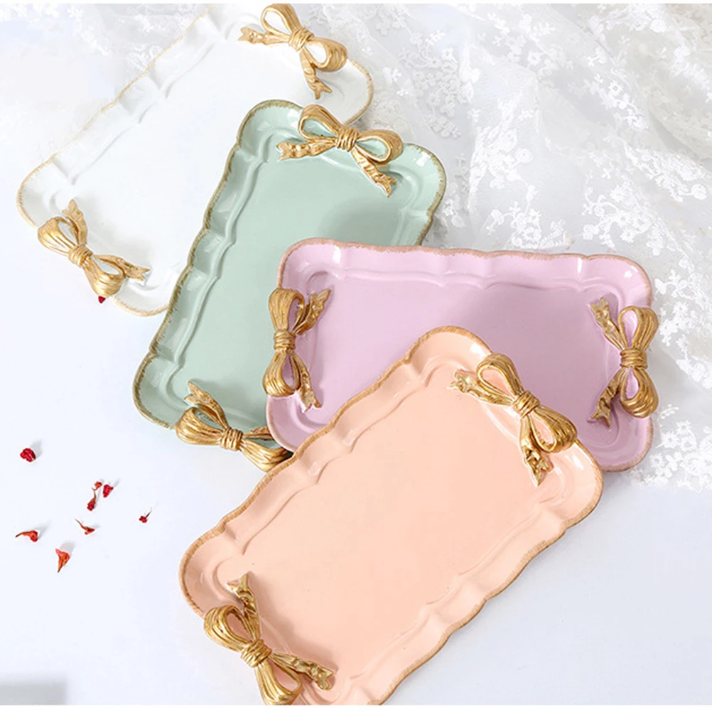 

Retro Bowknot Jewelry Dish Tray For Necklaces Earrings Keys Hand Painted Resin Dessert Snack Tray Plate Decorative Home Cafe