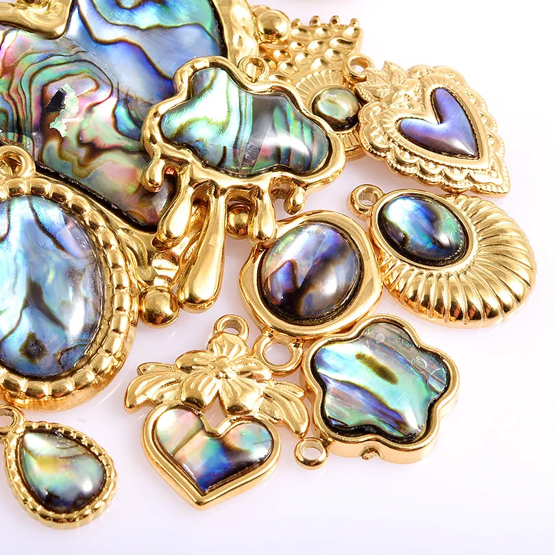2pcs Real Gold Plated Stainless Steel Charm Abalone Shell Oil Dripping Pendant Charms For Jewelry Making Bulk Handmade Materials