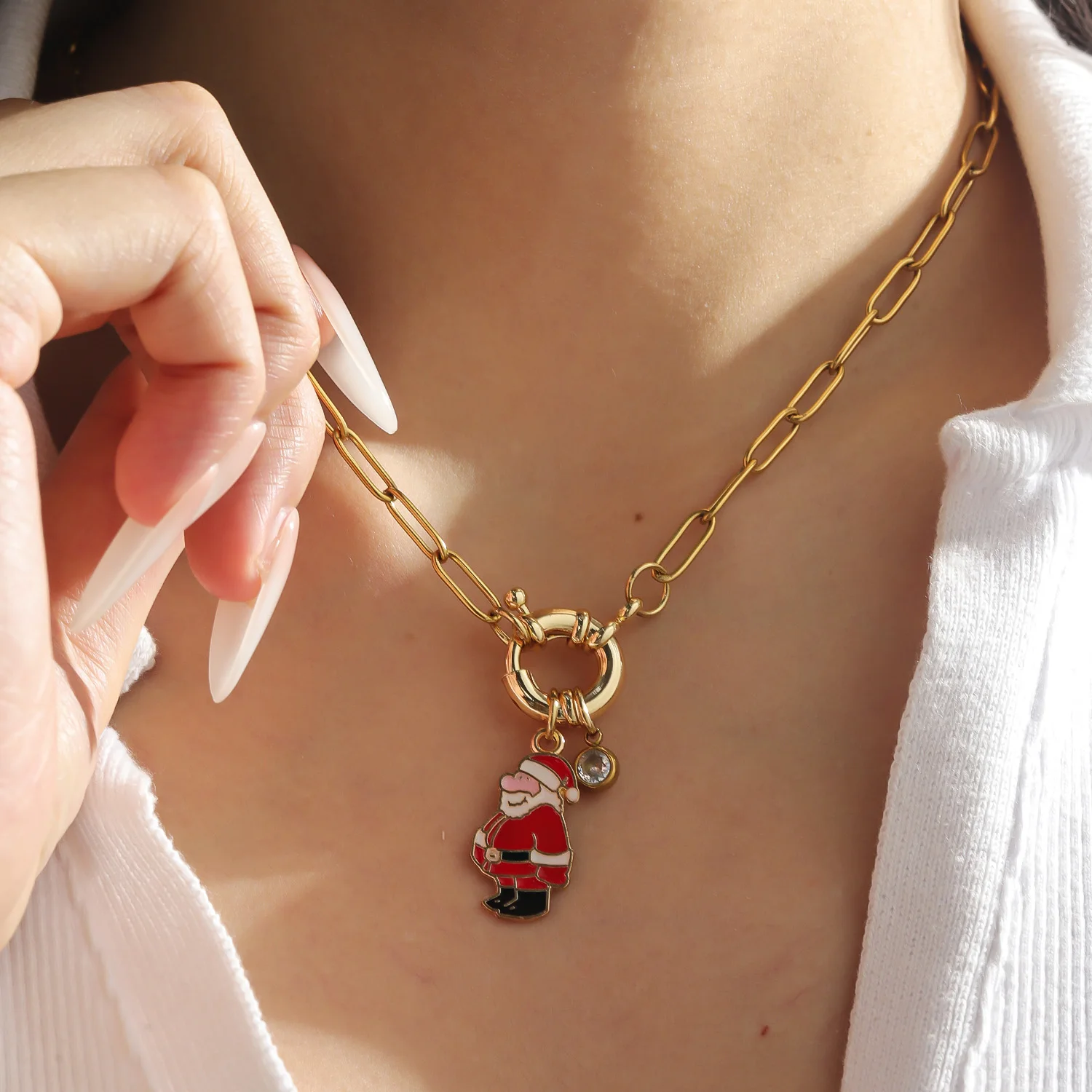 Christmas Santa Enamel Necklace Paperclip Chain Pendant Red Enamel Charm Festive Holiday Fashion Jewelry Gift for Women and Men