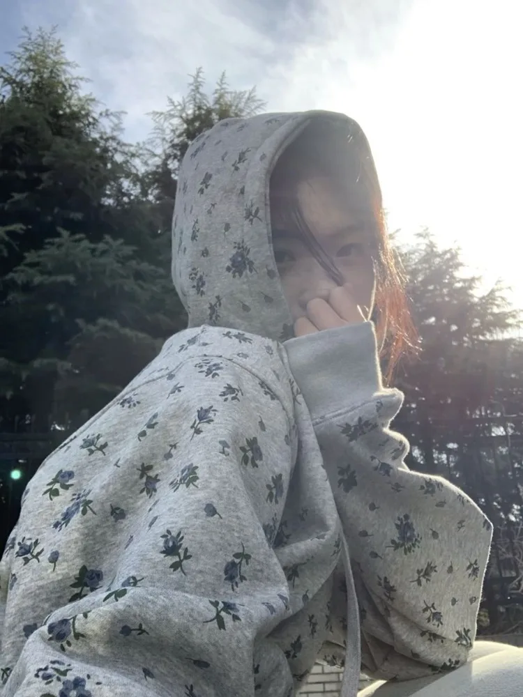 

American Vintage All-match Top for Women Floral Hooded Hoodie Sweatshirts Y2k Casual Loose Cardigan Coat Women Chaqueta Mujer