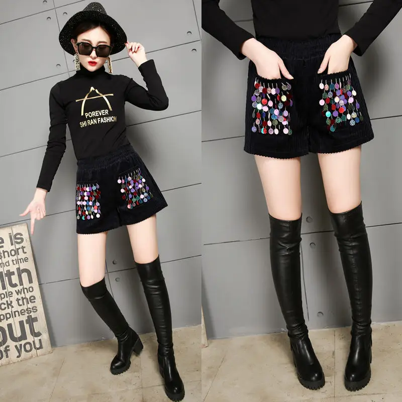 Women's Shorts Loose Wide-leg Casual Pants Large Size Sequined Boot Pants High-waisted Black Leggings
