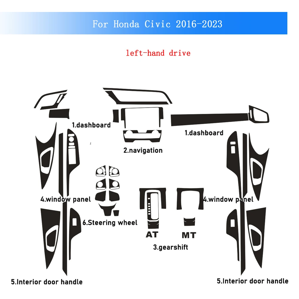 

Carbon Fiber For Honda Civic 2016-2023 Car Film Interior Sticker Center Console Gear Dashboard Air Door Handle Lift Panel