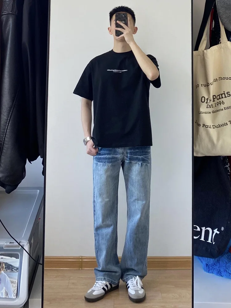 

Ice Blue Flared American Vibe Jeans Men's Straight Leg Jeans Knife Wave Pattern Waed Denim Youth Trend Casual Trousers