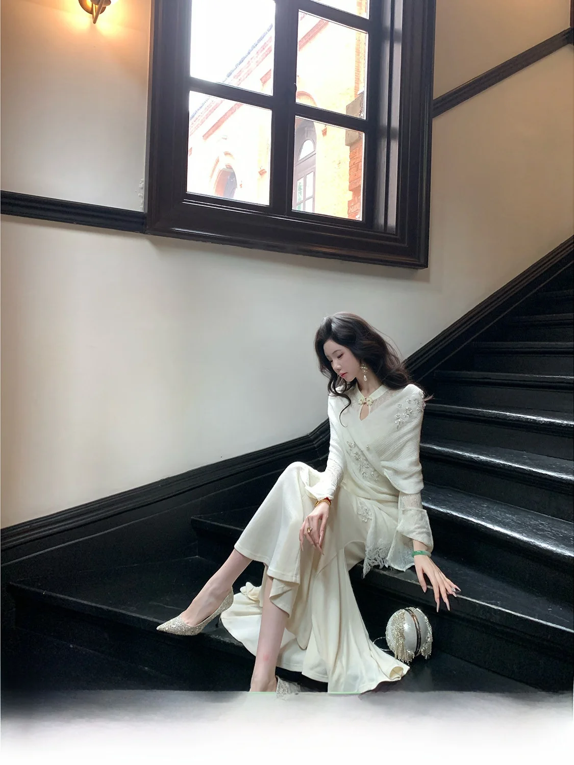 

Sy White Knitted Long Sve Lace Fi Tail Dr Chinese Sle Breathable Pure Color Retro Sle Daily Wear