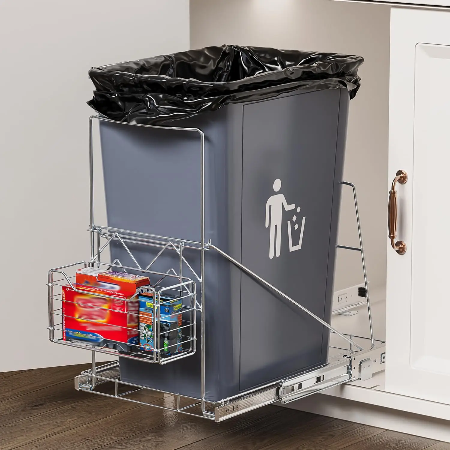 Pull Out Trash Can Under Cabinet with Removable Front Basket for Garbage Bag , Cabinet Trash Can Pull Out Kit, Under Sink Trash 