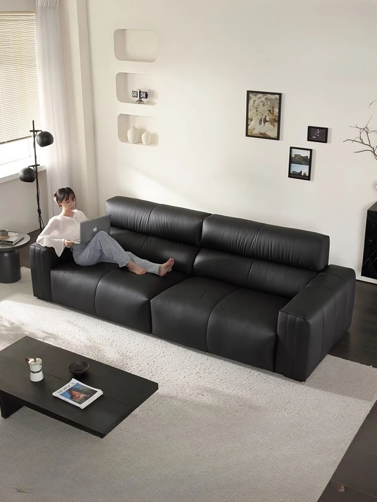 

Italian minimalist first-layer cowhide down sofa household straight-row sofa large black medieval style