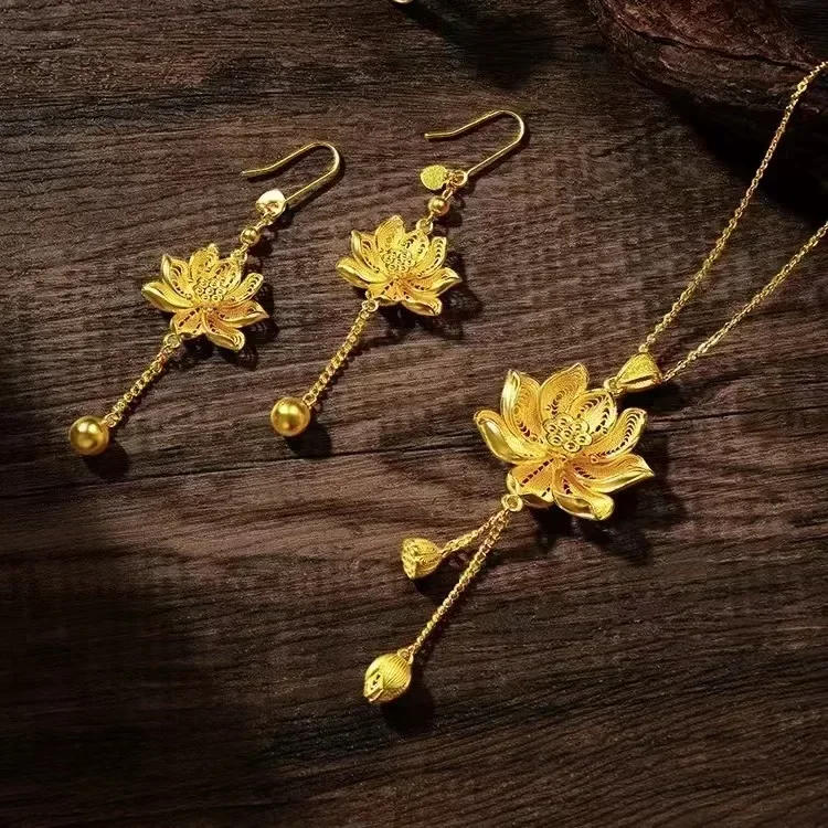 

9999 24K Real Gold Tancient Huanlian Flower Pendant Earrings Set Women's China-Chic Lotus Pendants Hollow Sweater Chain Necklace