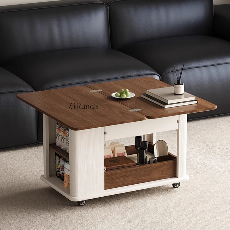 거실 레트로 접이식 커피 테이블, 수납 공간이 있는 사각형 나무 커피 테이블
