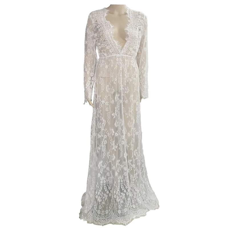 

CGS-Maternity Photography Props Maxi Maternity Gown V-Neck Lace Dresses Pregnancy Dress Fancy Photo Pregnant Clothes(White,M)