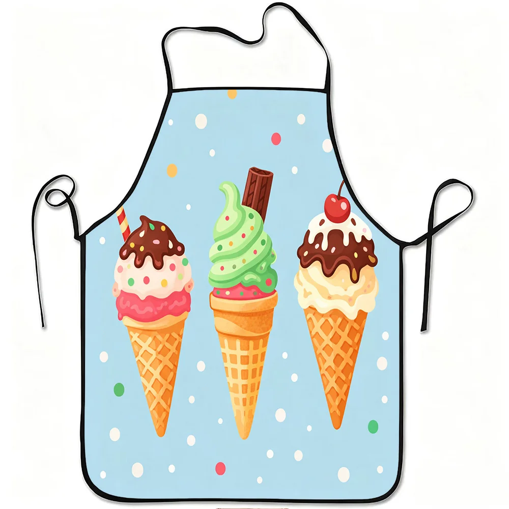Cute Ice Cream Cone Kitchen Apron - Cartoon Sweet Dessert Pattern Linen Look Chef Bib for Women Men Cooking Baking Gift Decor