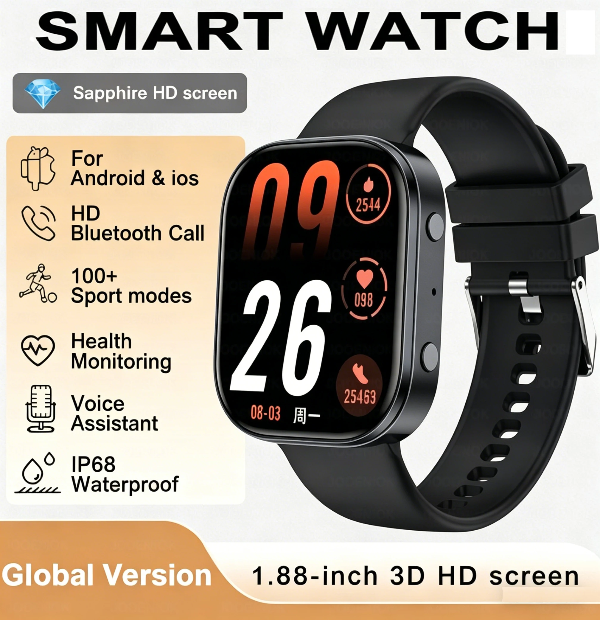 

Marsyu Smart Watch Waterproof 1.88-inch Screen Health Monitoring Bluetooth Call Smartwatches Unisex For Android IOS