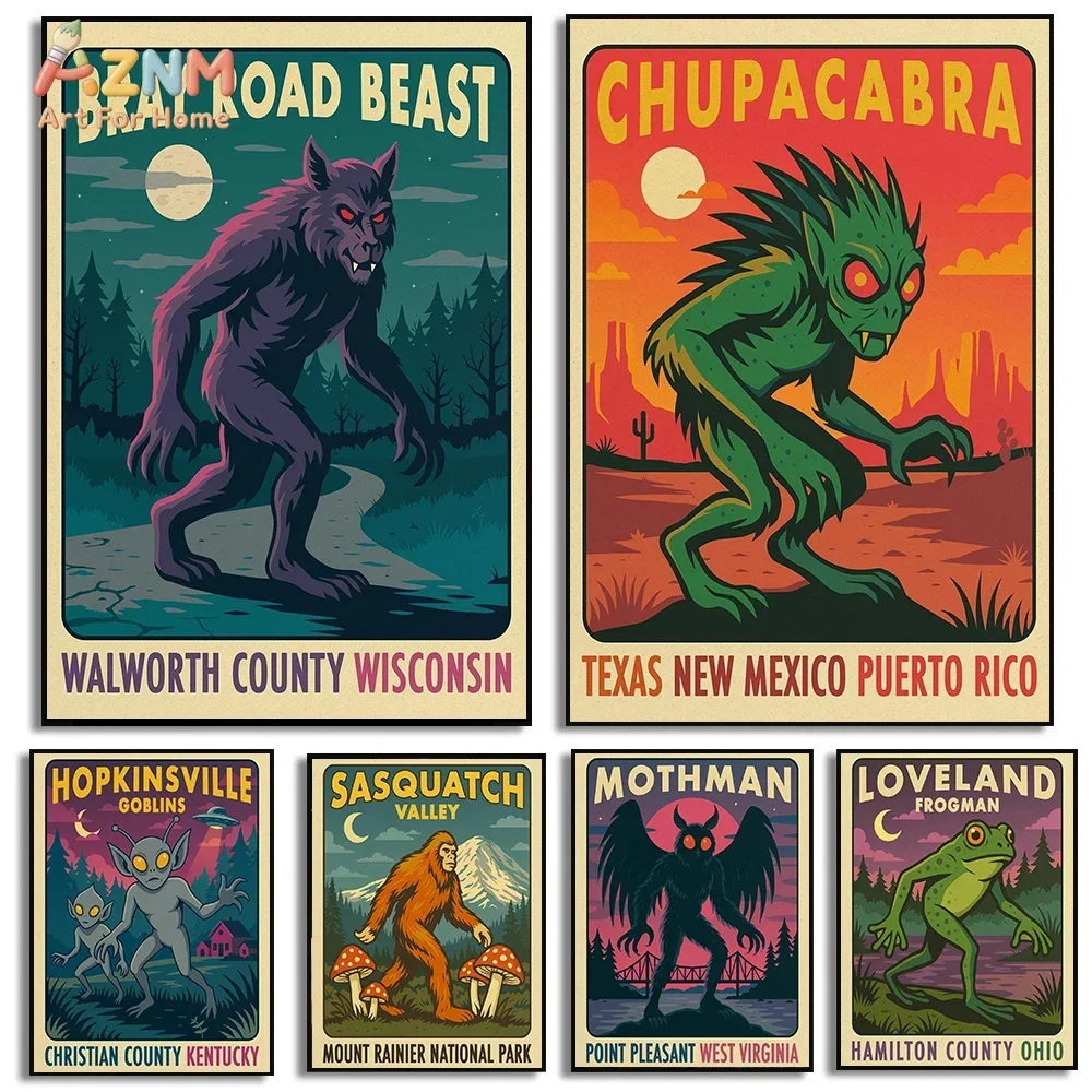 AZNM Retro Cryptid Creature Canvas Wall Art Bigfoot Mothman Chupacabra Werewolf Vintage Monster Travel Poster Unframed Canvas Po
