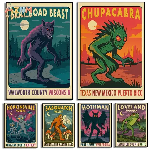 AZNM Retro Cryptid Creature Canvas Wall Art Bigfoot Mothman Chupacabra Werewolf Vintage Monster Travel Poster Unframed Canvas Po